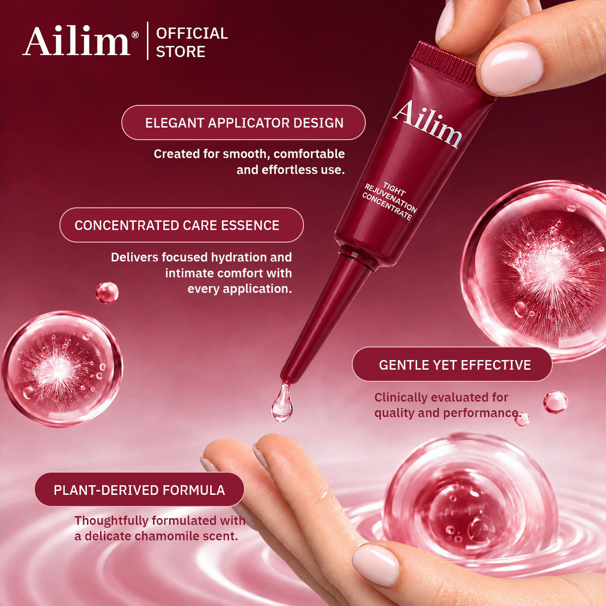 Ailim intimate concentrate applicator dispensing a drop above a fingertip.