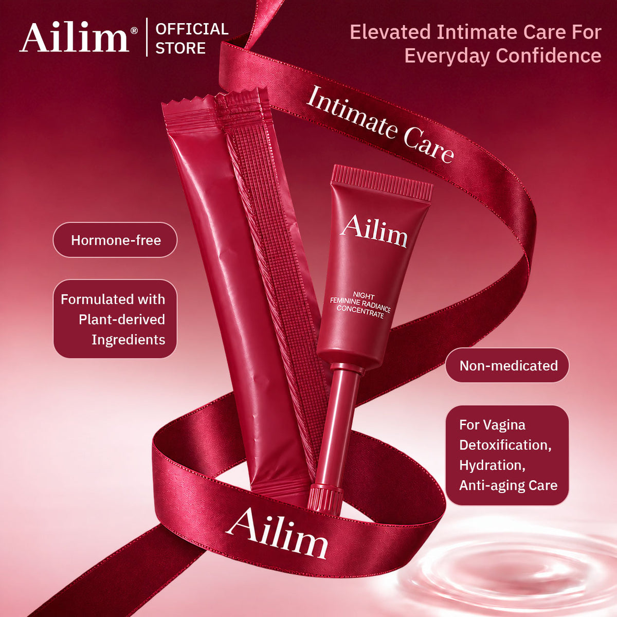 Ailim intimate concentrate tube and sachet with a burgundy ribbon and product feature labels.