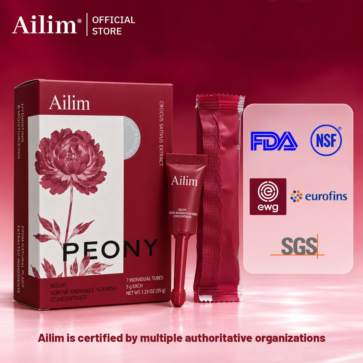 Ailim Peony box, tube and sachet beside FDA, NSF, EWG, Eurofins and SGS logos.