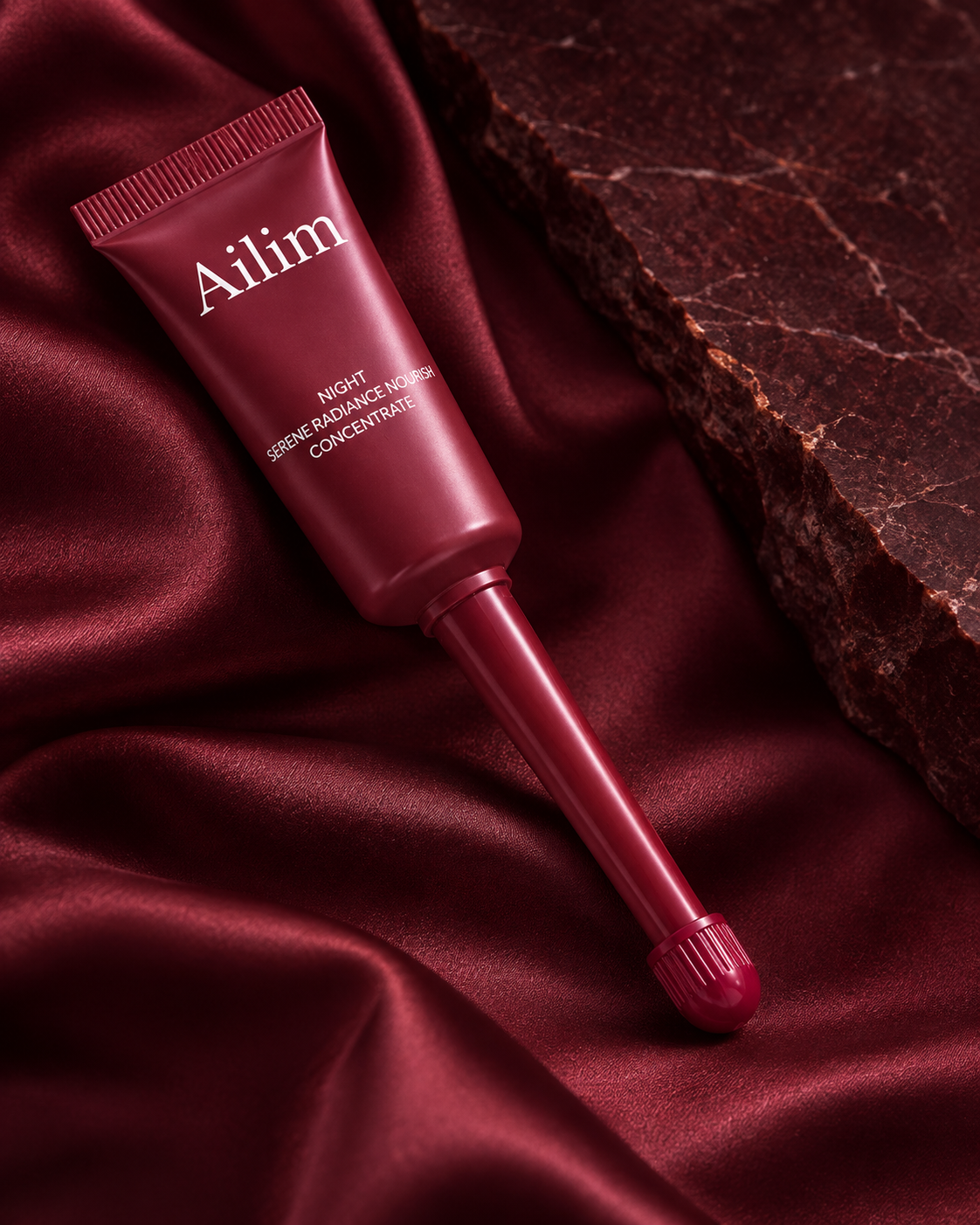 Ailim PEONY long-applicator tube on burgundy satin