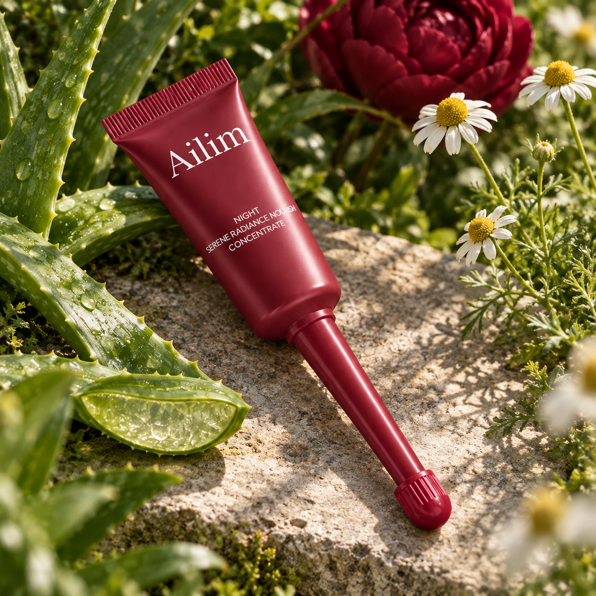 Ailim PEONY tube with aloe vera leaves and chamomile flowers