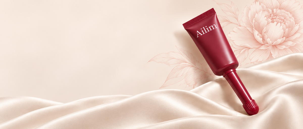 AILIM intimate concentrate on cream silk with peony artwork.
